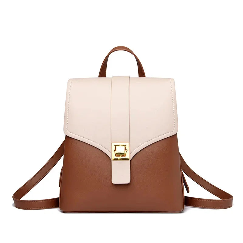 Women's Fashion Leather Shoulder Bag Popular Color Matching Youth Travel Small Anti-theft Lock Texture Female Backpack