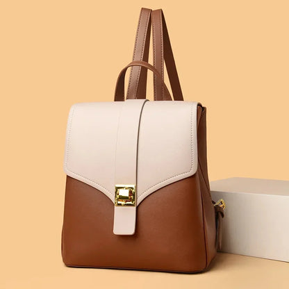 Women's Fashion Leather Shoulder Bag Popular Color Matching Youth Travel Small Anti-theft Lock Texture Female Backpack