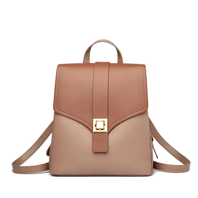 Women's Fashion Leather Shoulder Bag Popular Color Matching Youth Travel Small Anti-theft Lock Texture Female Backpack