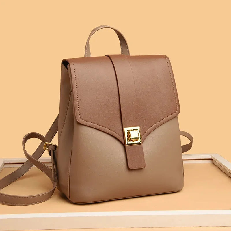 Women's Fashion Leather Shoulder Bag Popular Color Matching Youth Travel Small Anti-theft Lock Texture Female Backpack