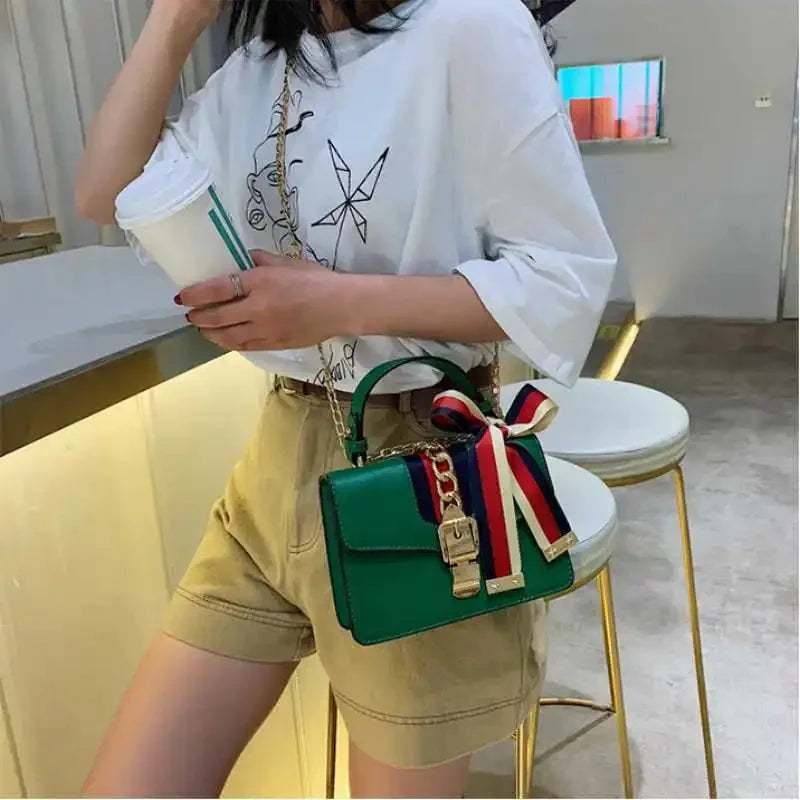 Women's Fashion PU Chain Handbag Female Korean Trend Silk Scarf Shoulder Messenger Ladies All-match Casual Small Square Bag