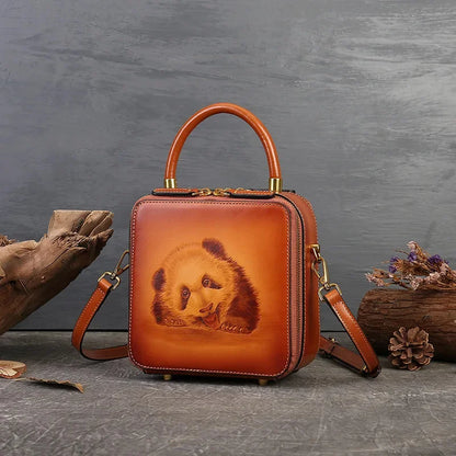Women's Genuine Crossbody Vintage Cow Leather Ladies Shoulder Bags Luxury Panda Pyrograph Handmade Designer Handbag