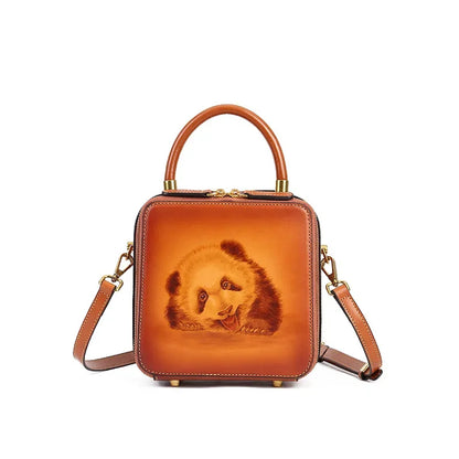 Women's Genuine Crossbody Vintage Cow Leather Ladies Shoulder Bags Luxury Panda Pyrograph Handmade Designer Handbag