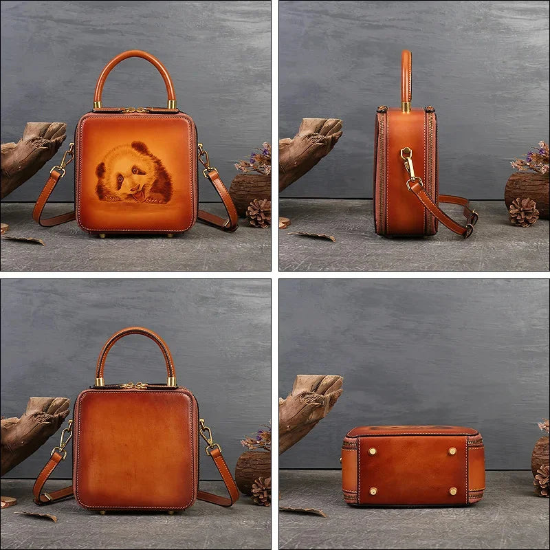 Women's Genuine Crossbody Vintage Cow Leather Ladies Shoulder Bags Luxury Panda Pyrograph Handmade Designer Handbag