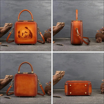 Women's Genuine Crossbody Vintage Cow Leather Ladies Shoulder Bags Luxury Panda Pyrograph Handmade Designer Handbag