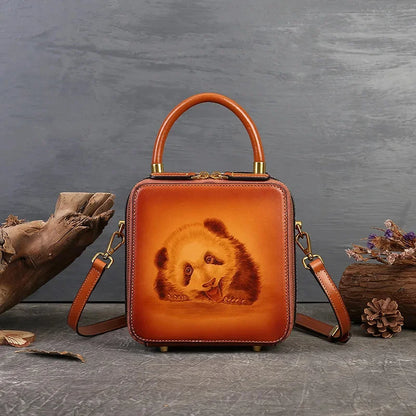 Women's Genuine Crossbody Vintage Cow Leather Ladies Shoulder Bags Luxury Panda Pyrograph Handmade Designer Handbag