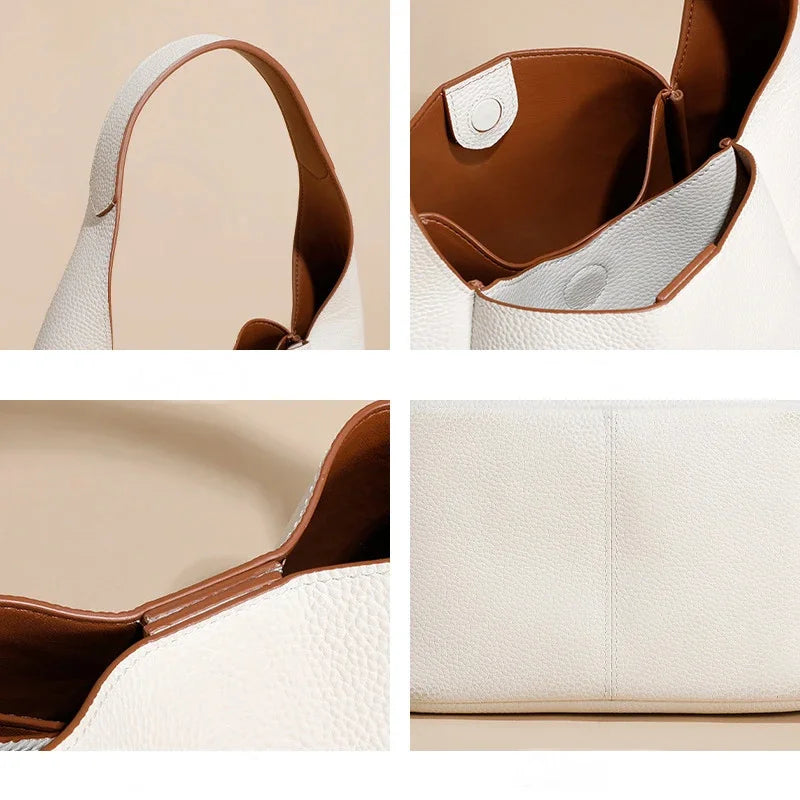 Women's Genuine Leather Vegetable Basket First-layer Cowhide Bucket 2024 High-end Shoulder Niche Design Armpit Bag