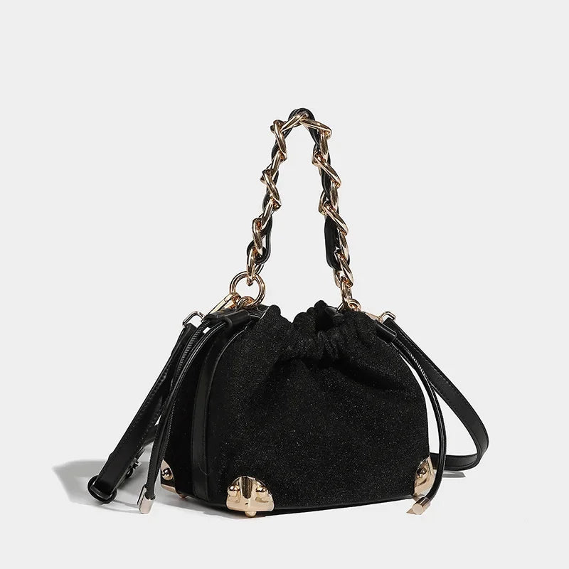 Women's Handbag Flashing Galaxy Small Bucket 2024 New Niche Designer Shoulder Shiny Black Temperament Crossbody Bag