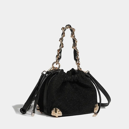 Women's Handbag Flashing Galaxy Small Bucket 2024 New Niche Designer Shoulder Shiny Black Temperament Crossbody Bag