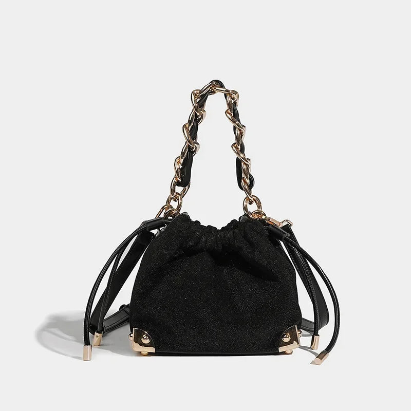 Women's Handbag Flashing Galaxy Small Bucket 2024 New Niche Designer Shoulder Shiny Black Temperament Crossbody Bag