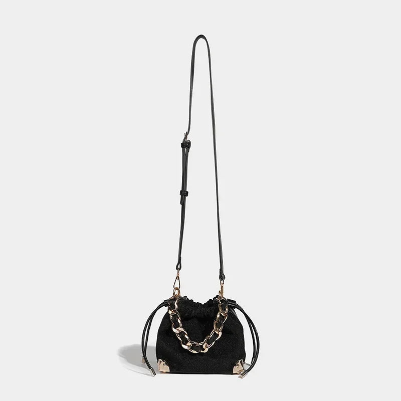 Women's Handbag Flashing Galaxy Small Bucket 2024 New Niche Designer Shoulder Shiny Black Temperament Crossbody Bag