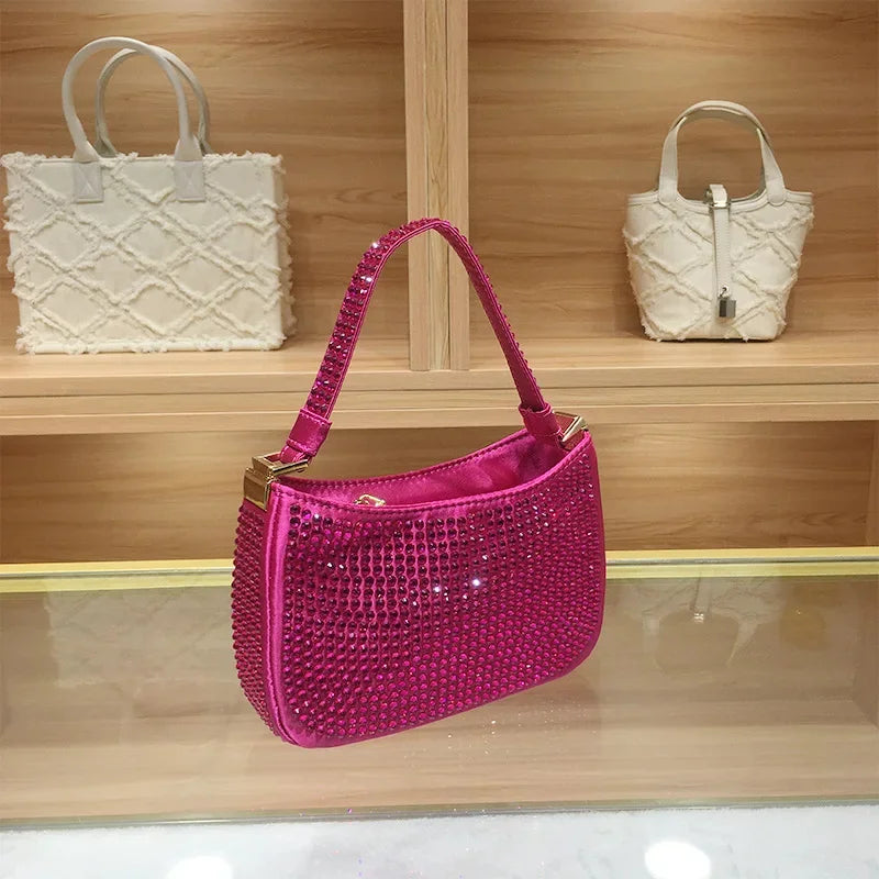 Women's Handbag Rose Red Small 2024 Hot Diamond Underarm Chain Crossbody Shiny Evening Bag