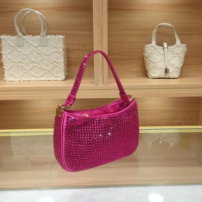 Women's Handbag Rose Red Small 2024 Hot Diamond Underarm Chain Crossbody Shiny Evening Bag