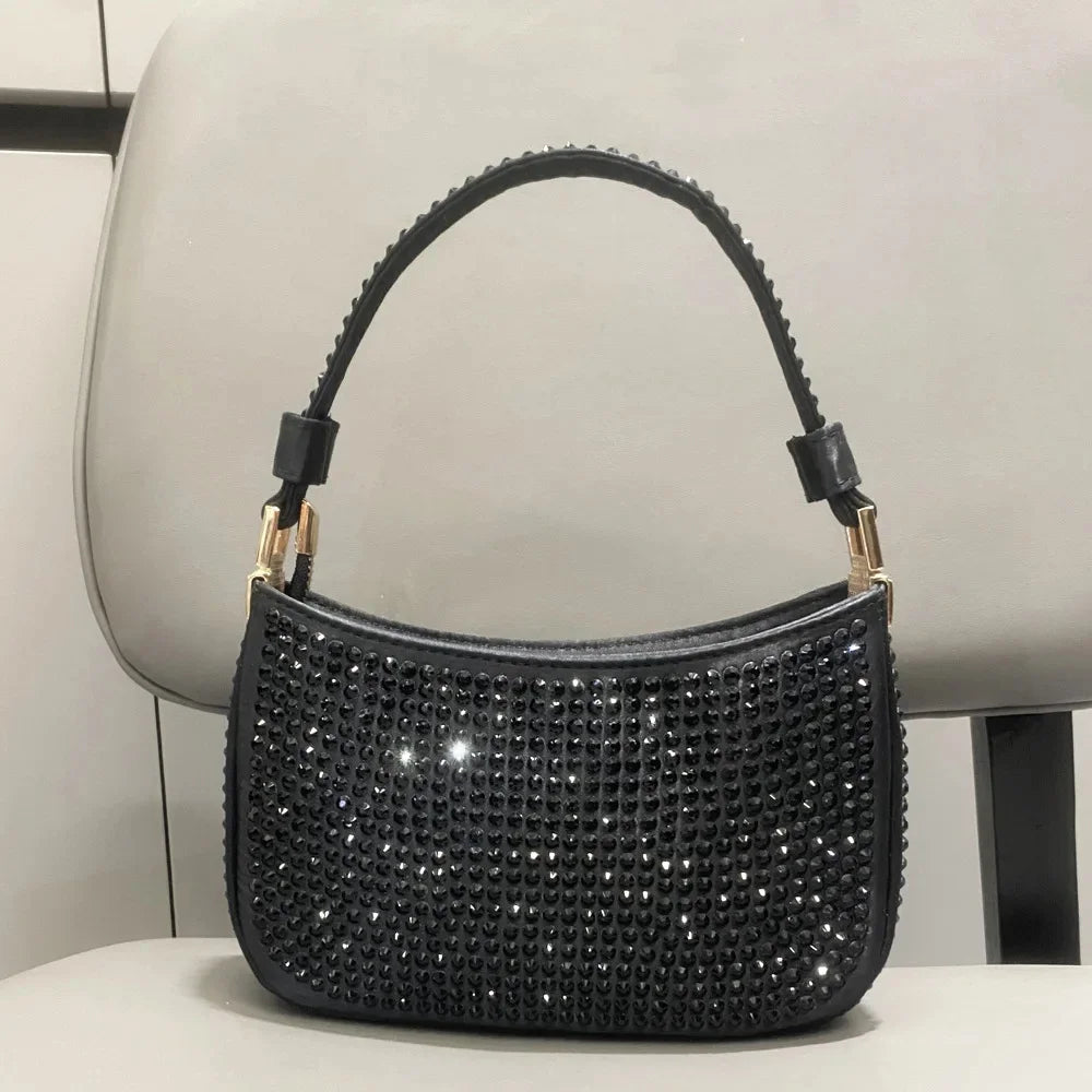 Women's Handbag Rose Red Small 2024 Hot Diamond Underarm Chain Crossbody Shiny Evening Bag
