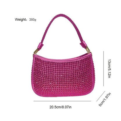 Women's Handbag Rose Red Small 2024 Hot Diamond Underarm Chain Crossbody Shiny Evening Bag