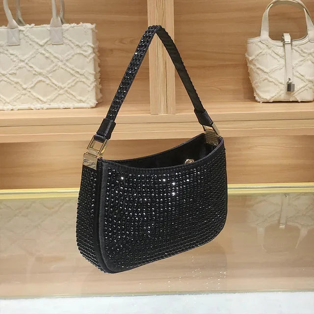 Women's Handbag Rose Red Small 2024 Hot Diamond Underarm Chain Crossbody Shiny Evening Bag