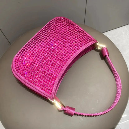 Women's Handbag Rose Red Small 2024 Hot Diamond Underarm Chain Crossbody Shiny Evening Bag