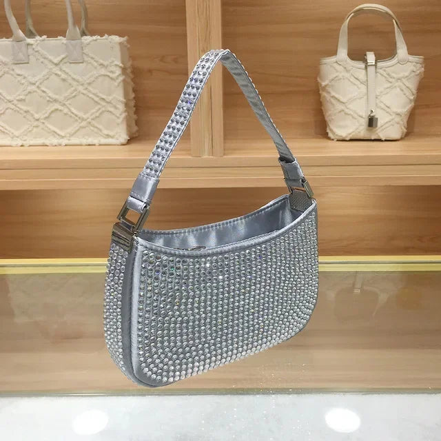 Women's Handbag Rose Red Small 2024 Hot Diamond Underarm Chain Crossbody Shiny Evening Bag