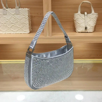 Women's Handbag Rose Red Small 2024 Hot Diamond Underarm Chain Crossbody Shiny Evening Bag