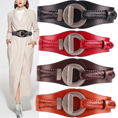 Women's High-quality Wide Girdle Woven Fashion Stretch Simple Leather Retro Designer Belt for Woman