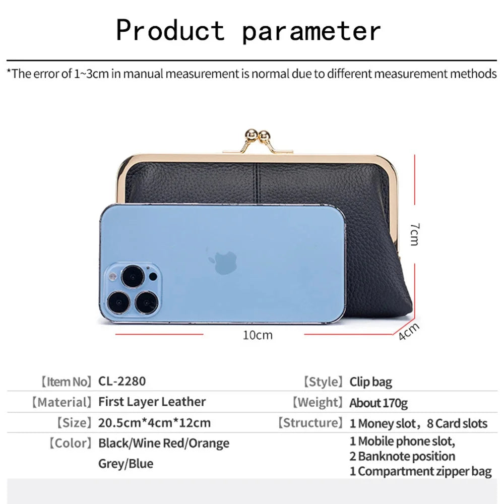 Women's Leather Mini Clutch Wallet ID Credit Cards Cash Coin Holder Case Organizer Kiss Lock Clasp Cellphone Bag