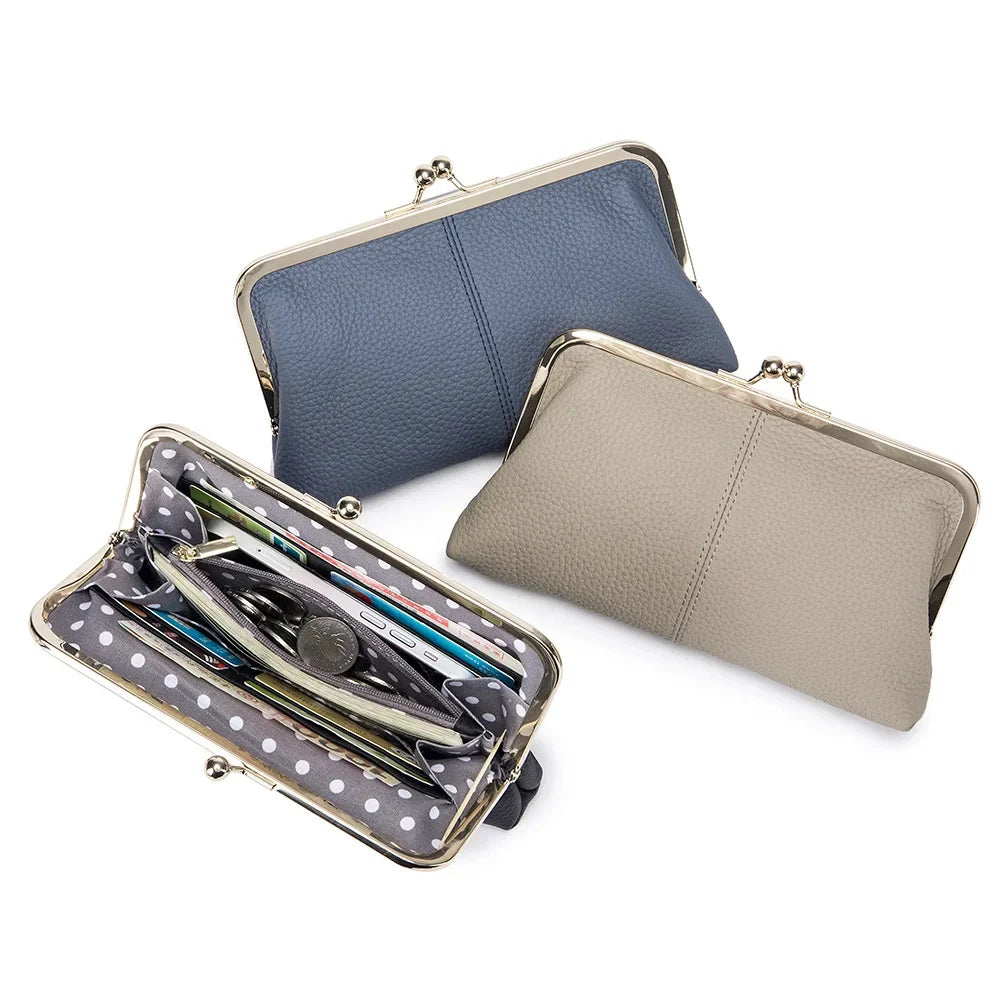 Women's Leather Mini Clutch Wallet ID Credit Cards Cash Coin Holder Case Organizer Kiss Lock Clasp Cellphone Bag