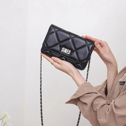 Women's Leather Skew Straddle New Premium Sheepskin Embroidered Diamond Latched Chain Small Fragrance Shoulder Bag