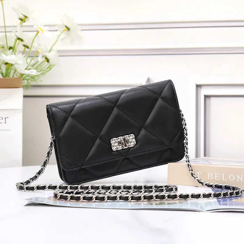Women's Leather Skew Straddle New Premium Sheepskin Embroidered Diamond Latched Chain Small Fragrance Shoulder Bag