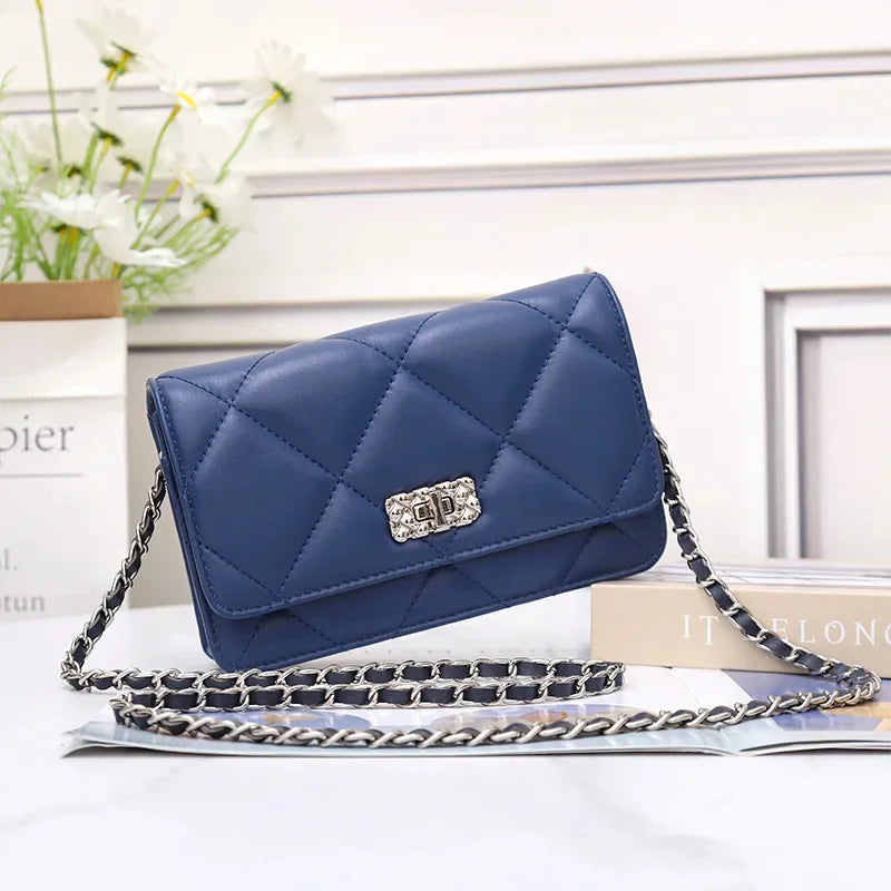 Women's Leather Skew Straddle New Premium Sheepskin Embroidered Diamond Latched Chain Small Fragrance Shoulder Bag