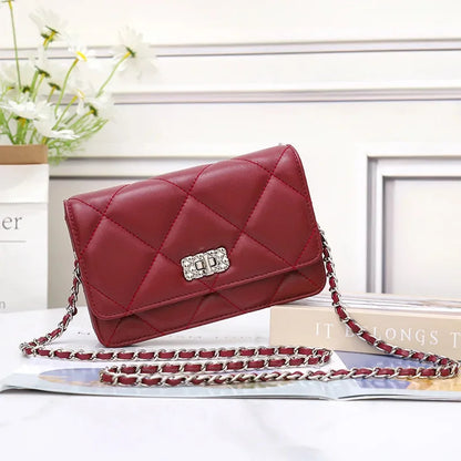Women's Leather Skew Straddle New Premium Sheepskin Embroidered Diamond Latched Chain Small Fragrance Shoulder Bag