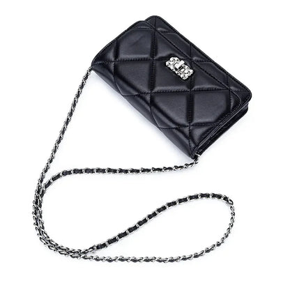 Women's Leather Skew Straddle New Premium Sheepskin Embroidered Diamond Latched Chain Small Fragrance Shoulder Bag