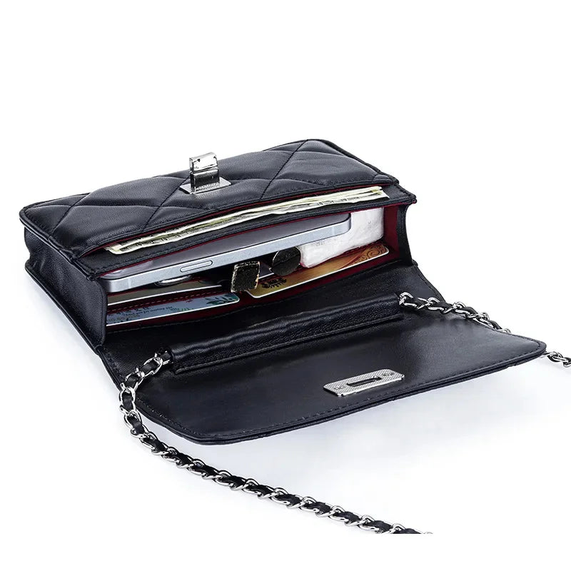 Women's Leather Skew Straddle New Premium Sheepskin Embroidered Diamond Latched Chain Small Fragrance Shoulder Bag
