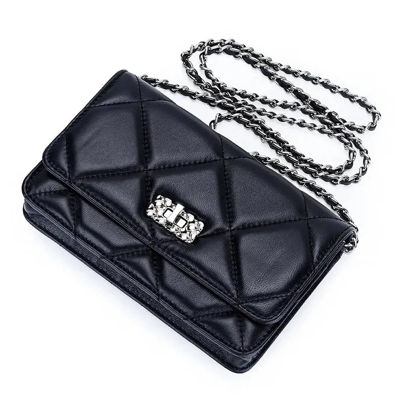Women's Leather Skew Straddle New Premium Sheepskin Embroidered Diamond Latched Chain Small Fragrance Shoulder Bag