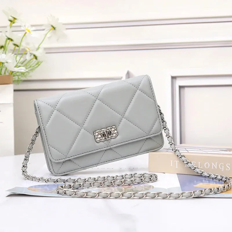 Women's Leather Skew Straddle New Premium Sheepskin Embroidered Diamond Latched Chain Small Fragrance Shoulder Bag