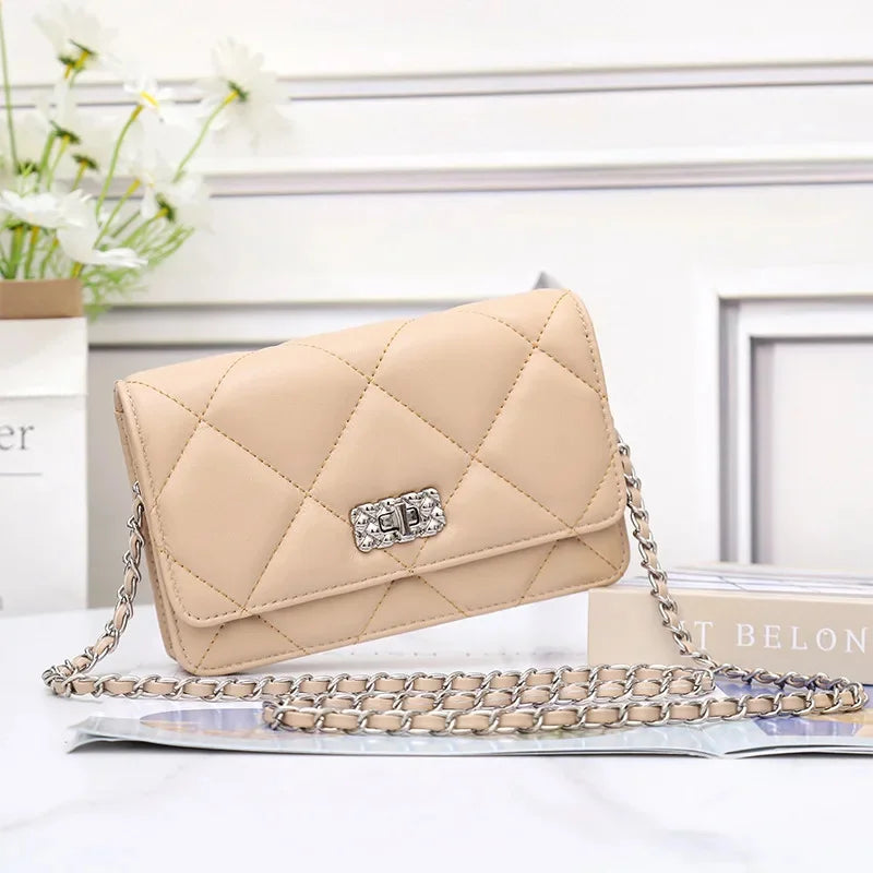 Women's Leather Skew Straddle New Premium Sheepskin Embroidered Diamond Latched Chain Small Fragrance Shoulder Bag
