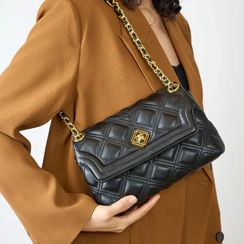 Women's New Fragrance Genuine Leather Handbag Fashion Luxury Texture Rhombic Chain Crossbody Shoulder Bag