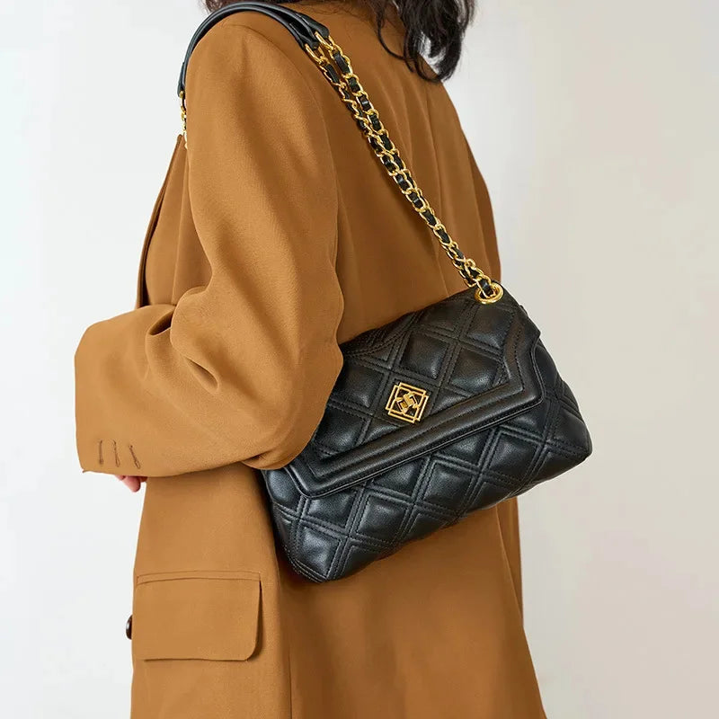 Women's New Fragrance Genuine Leather Handbag Fashion Luxury Texture Rhombic Chain Crossbody Shoulder Bag