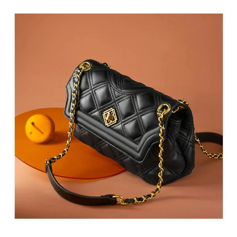 Women's New Fragrance Genuine Leather Handbag Fashion Luxury Texture Rhombic Chain Crossbody Shoulder Bag
