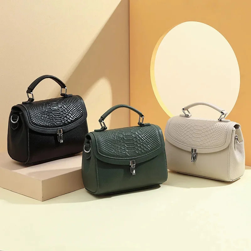 Women's New Genuine Handbag Fashion Embossed Cowhide Leather Shoulder Leisure Simple Crossbody Bag
