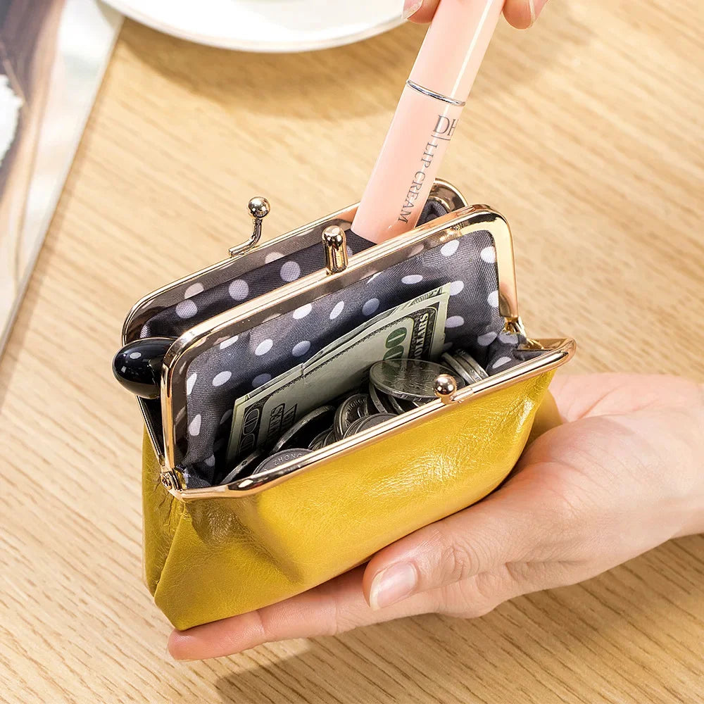 Women's Oil Wax Leather Mini Wallet ID Credit Cards Cash Holder Case Organizer with Kiss Button Closures Coin Purse