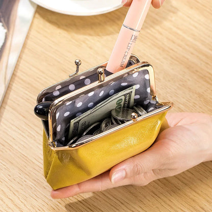 Women's Oil Wax Leather Mini Wallet ID Credit Cards Cash Holder Case Organizer with Kiss Button Closures Coin Purse