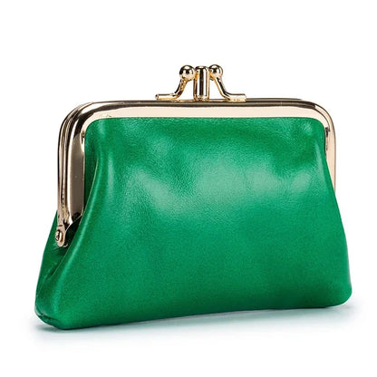 Women's Oil Wax Leather Mini Wallet ID Credit Cards Cash Holder Case Organizer with Kiss Button Closures Coin Purse