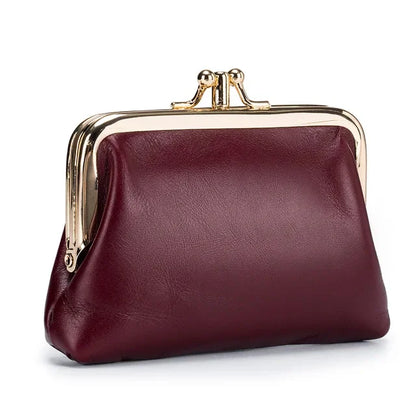 Women's Oil Wax Leather Mini Wallet ID Credit Cards Cash Holder Case Organizer with Kiss Button Closures Coin Purse