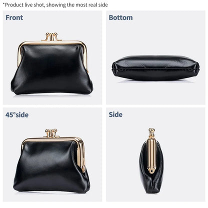 Women's Oil Wax Leather Mini Wallet ID Credit Cards Cash Holder Case Organizer with Kiss Button Closures Coin Purse