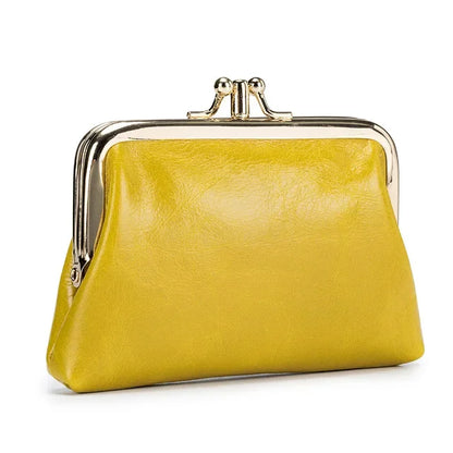 Women's Oil Wax Leather Mini Wallet ID Credit Cards Cash Holder Case Organizer with Kiss Button Closures Coin Purse