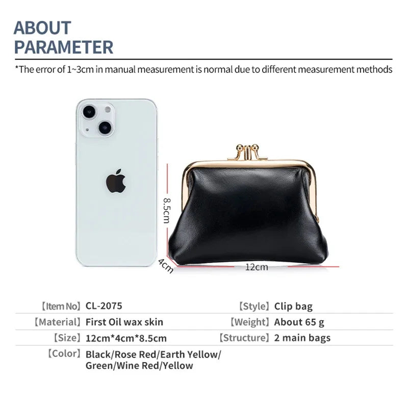 Women's Oil Wax Leather Mini Wallet ID Credit Cards Cash Holder Case Organizer with Kiss Button Closures Coin Purse