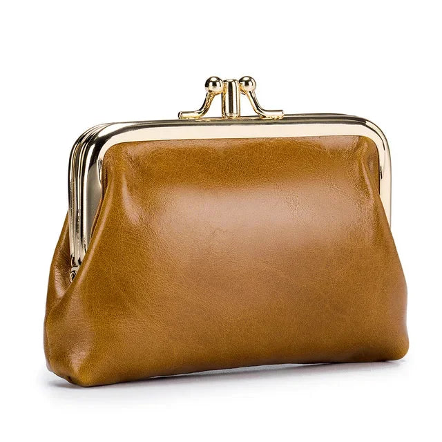 Women's Oil Wax Leather Mini Wallet ID Credit Cards Cash Holder Case Organizer with Kiss Button Closures Coin Purse