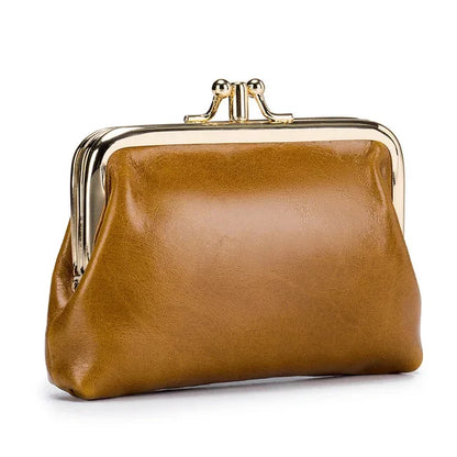 Women's Oil Wax Leather Mini Wallet ID Credit Cards Cash Holder Case Organizer with Kiss Button Closures Coin Purse