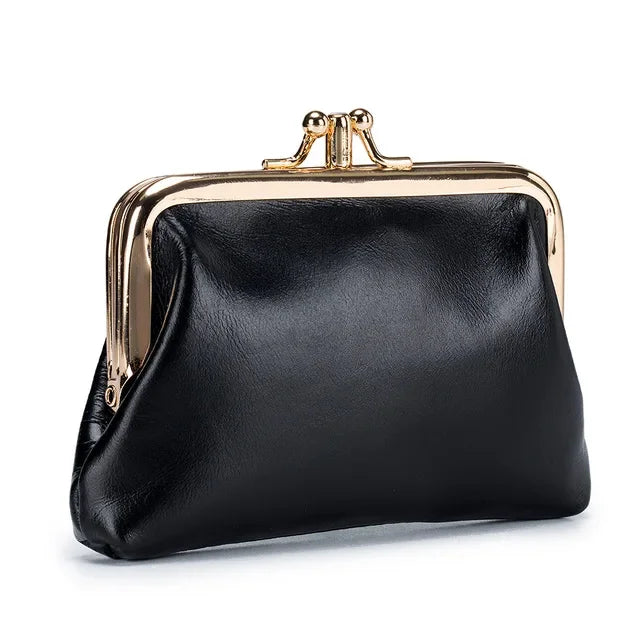 Women's Oil Wax Leather Mini Wallet ID Credit Cards Cash Holder Case Organizer with Kiss Button Closures Coin Purse