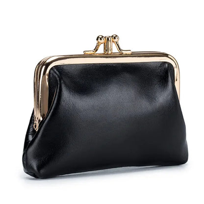 Women's Oil Wax Leather Mini Wallet ID Credit Cards Cash Holder Case Organizer with Kiss Button Closures Coin Purse